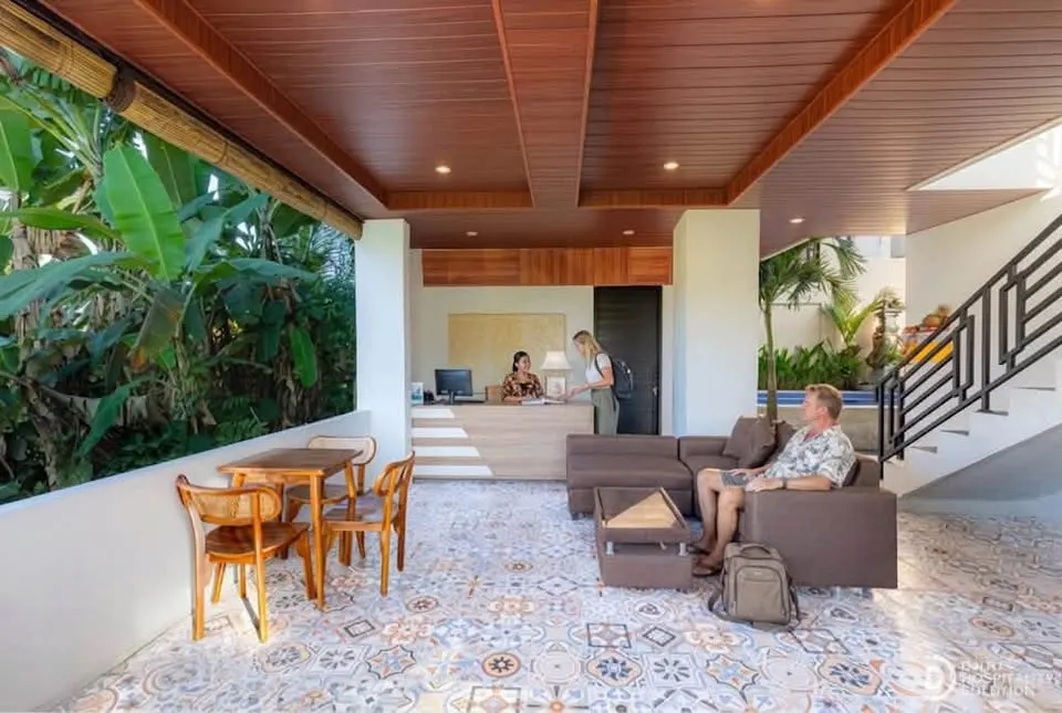 Room in a villa with shared pool, overlooking rice fields